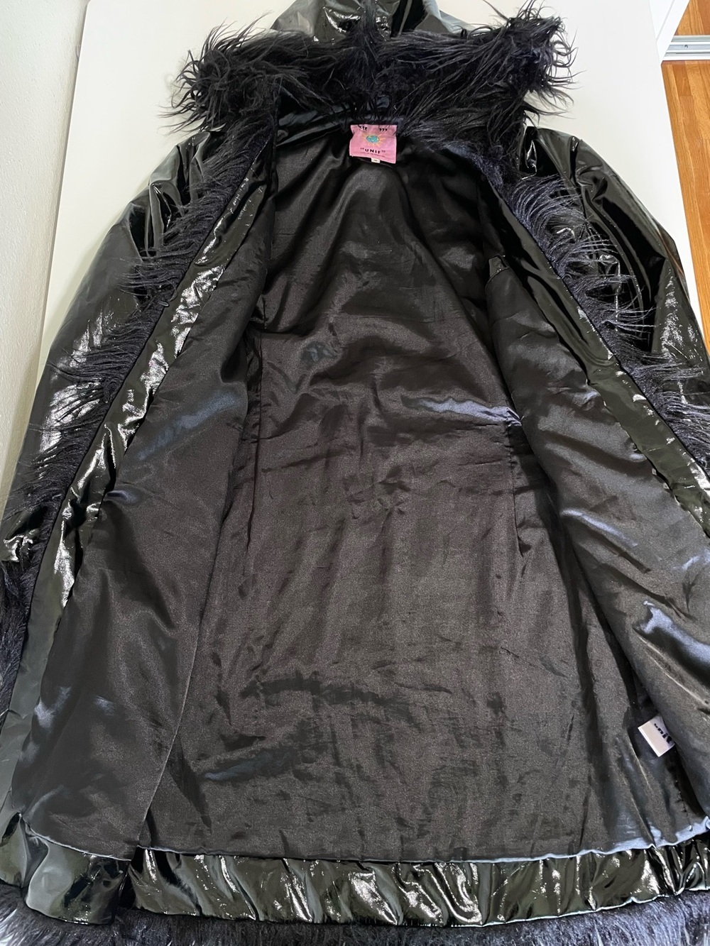 UNIF Imp Coat Glossy Vinyl Faux Fur Trim Hooded Jacket Black Medium Whimsigoth - Picture 11 of 16